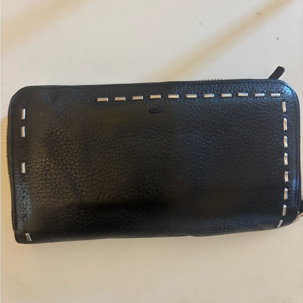 Fendi Black Leather Wallet with Silver Zipper